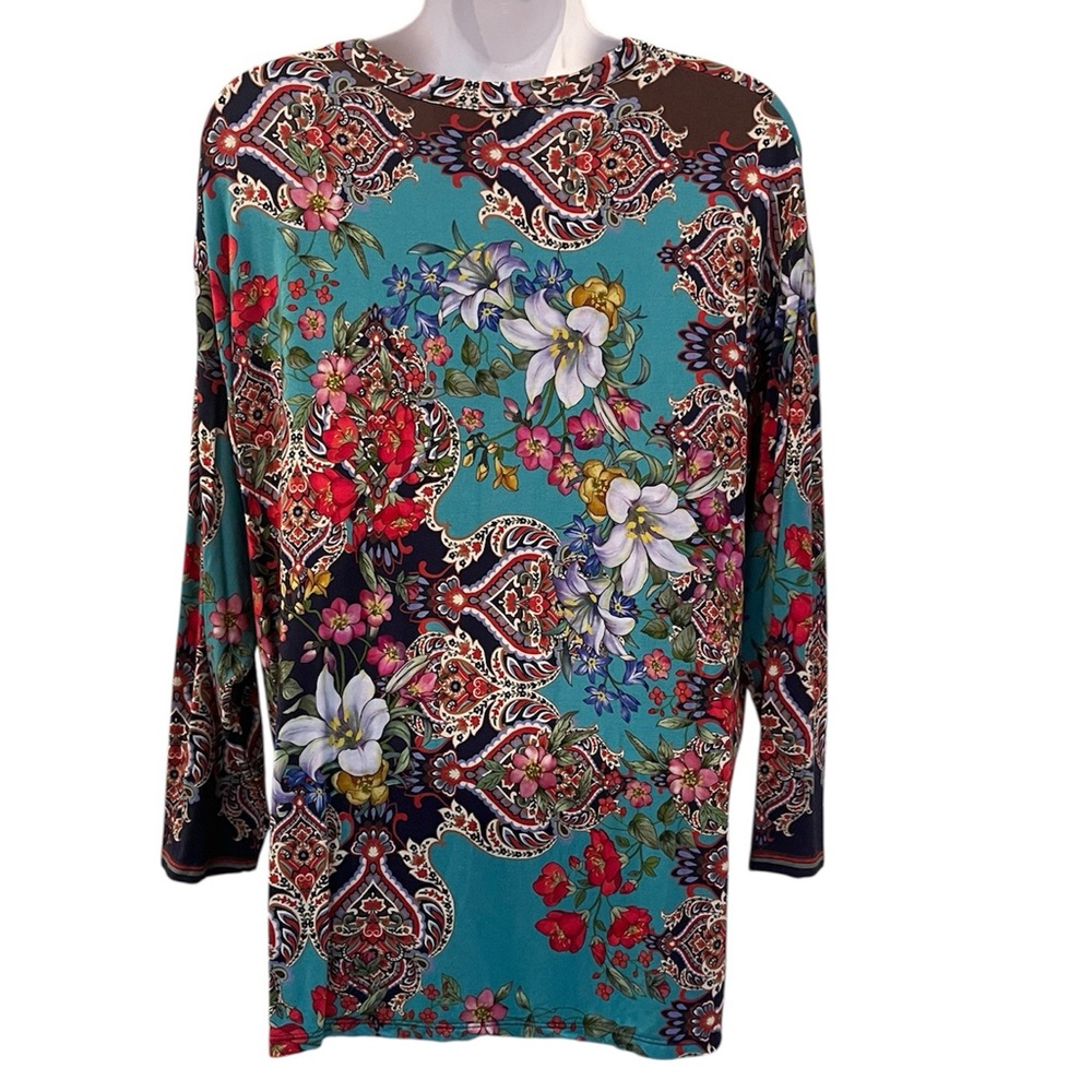 Johnny Was Indi Flower 3/4 Sleeve Henley Shirt Top Floral Paisley Blouse M - Picture 5 of 8
